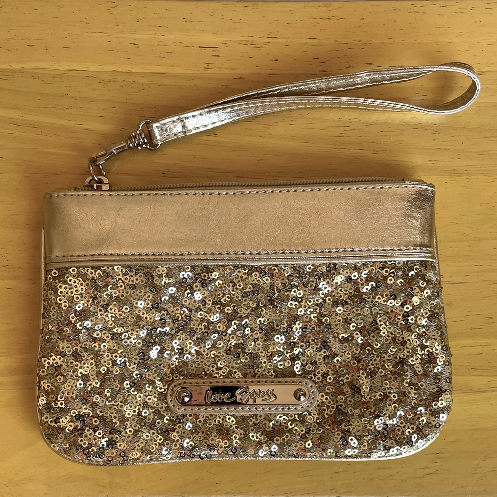 NWOT - Express “Love Express” Gold Sequined Wristlet